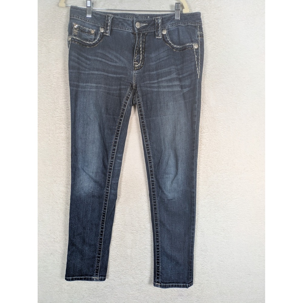 Miss Me Skinny Jeans Women's 30 Dark Blue Thick Stitch Embellished Low Rise